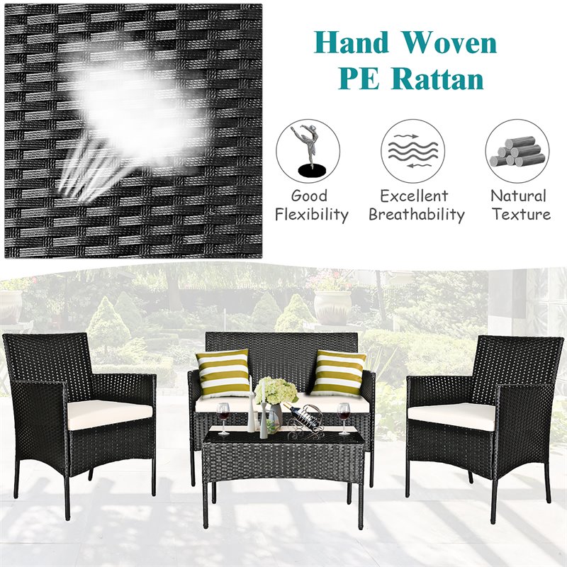 Pemberly Row 8 Pcs Rattan and Fabric Patio Furniture Set with Cushion in White