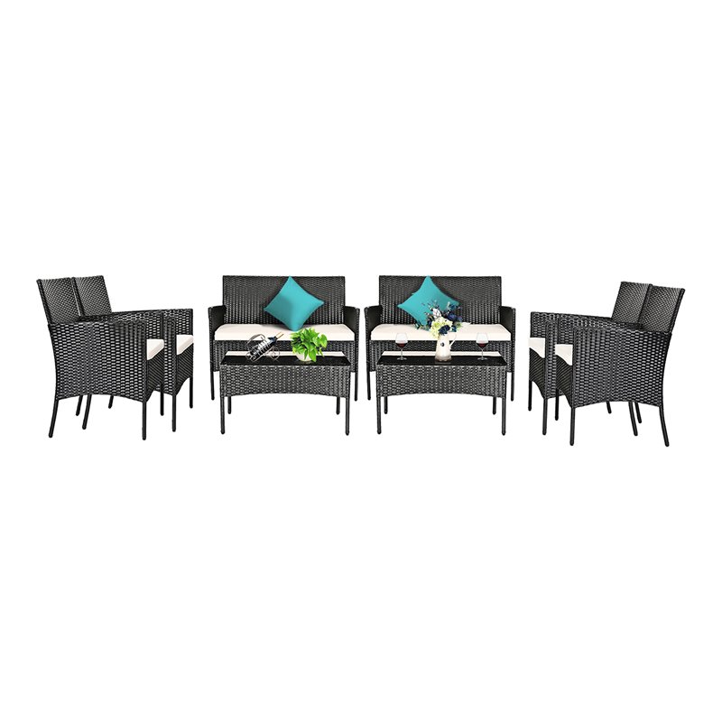 Pemberly Row 8 Pcs Rattan and Fabric Patio Furniture Set with Cushion in White