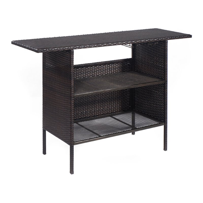 Pemberly Row Rattan Outdoor Patio Bar Counter Table Shelves in Brown