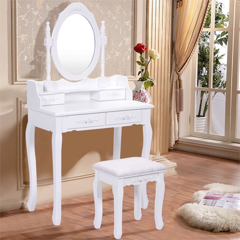 Pemberly Row Pine Wood Vanity Table Set with Dressing Table and Stool in White