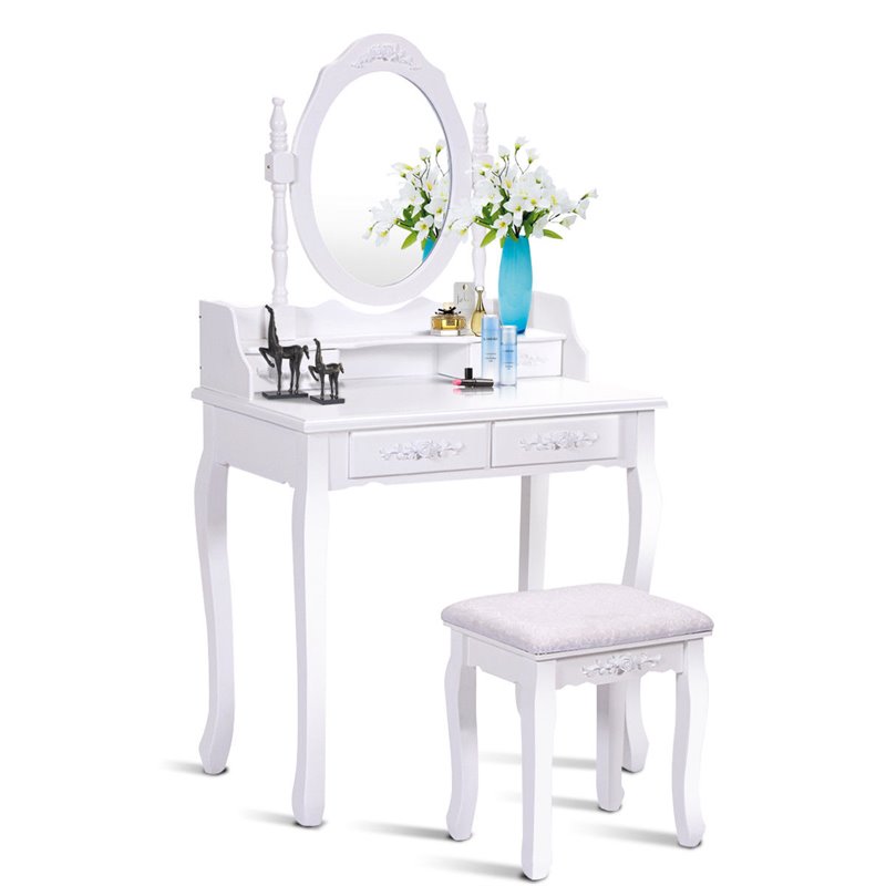 Pemberly Row Pine Wood Vanity Table Set with Dressing Table and Stool in White