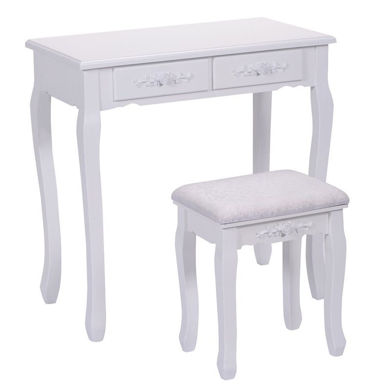 Pemberly Row Pine Wood Vanity Table Set with Dressing Table and Stool in White