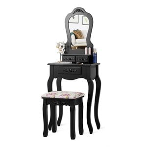 Pemberly Row Pine Wood Vanity Table Set with 3 Storage Drawers in Black
