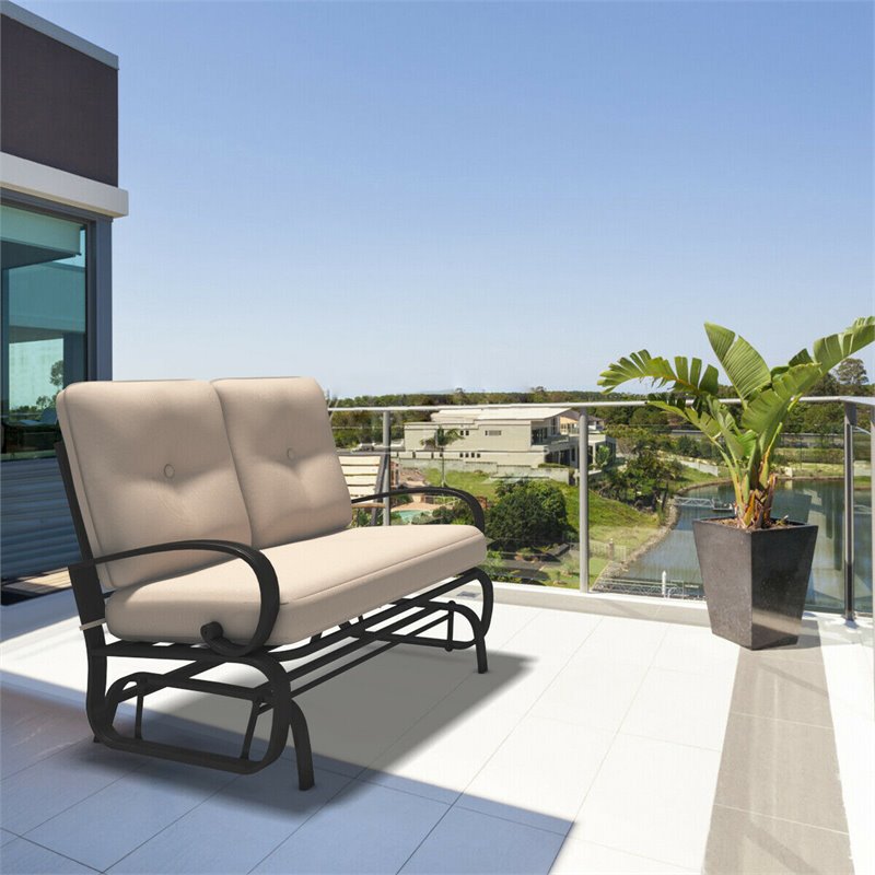 Pemberly Row Steel Metal Outdoor Patio Rocking Bench with Cushion Seat in Black