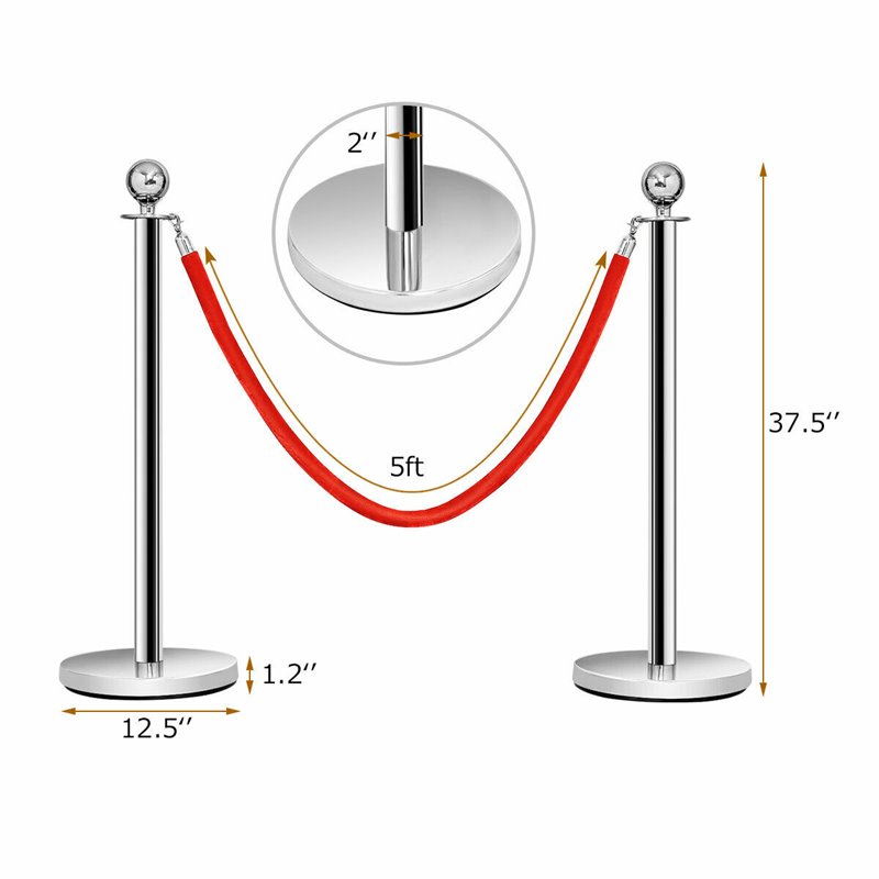 Pemberly Row Stainless Steel Queue Pole in Silver/Red Velvet (Set of 6)