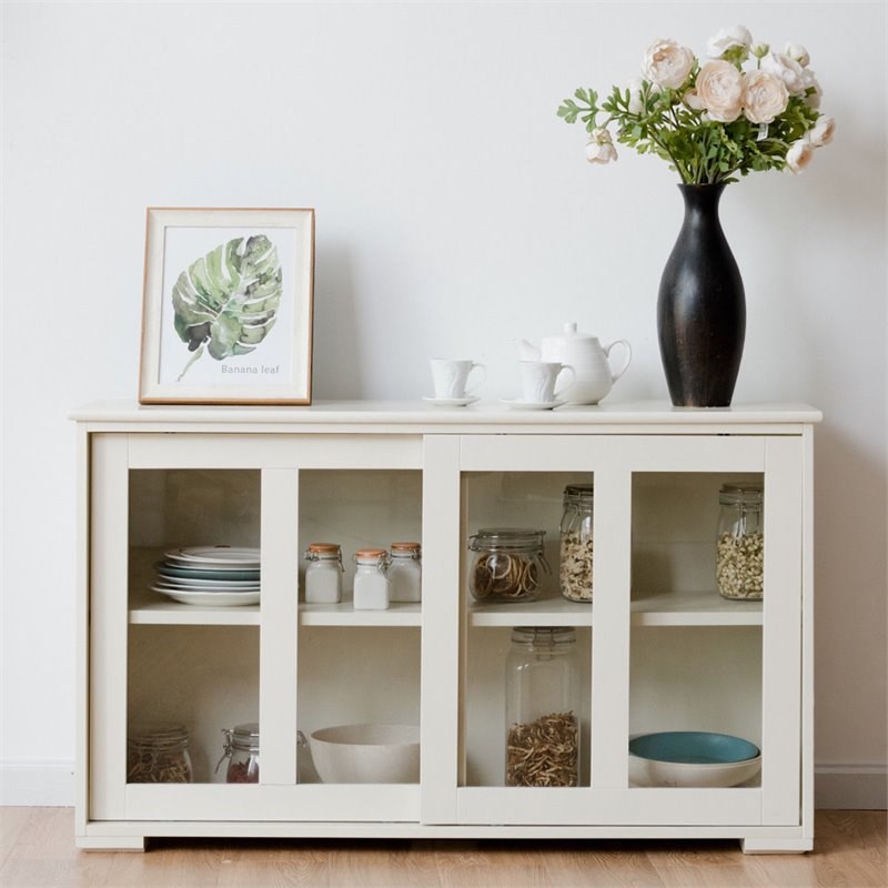 Pemberly Row MDF and Glass Kitchen Storage Cabinet with Sliding Door in White