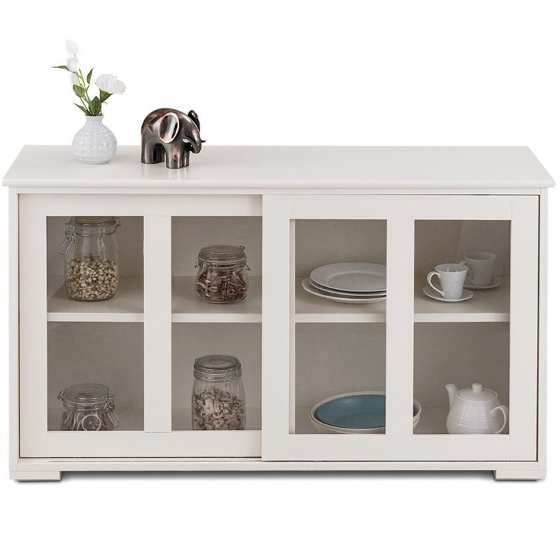 Pemberly Row MDF and Glass Kitchen Storage Cabinet with Sliding Door in White