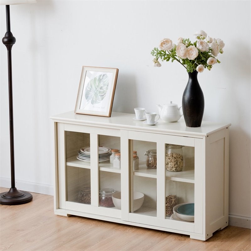 Pemberly Row MDF and Glass Kitchen Storage Cabinet with Sliding Door in White