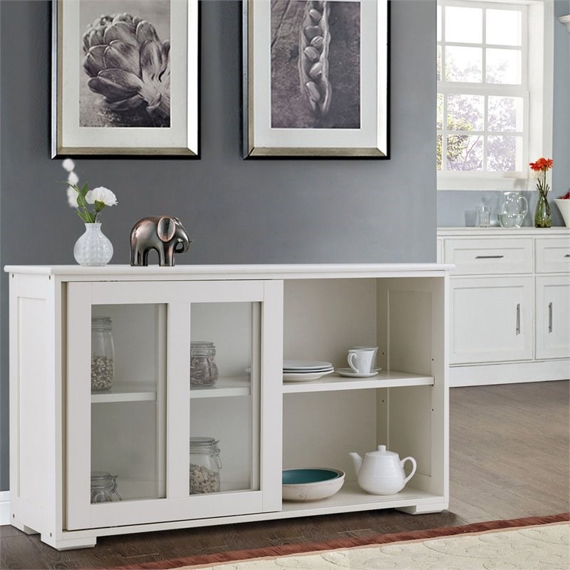 Pemberly Row MDF and Glass Kitchen Storage Cabinet with Sliding Door in White