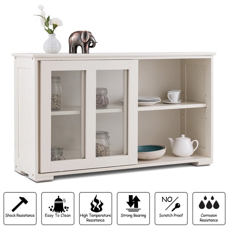 Pemberly Row MDF and Glass Kitchen Storage Cabinet with Sliding Door in White