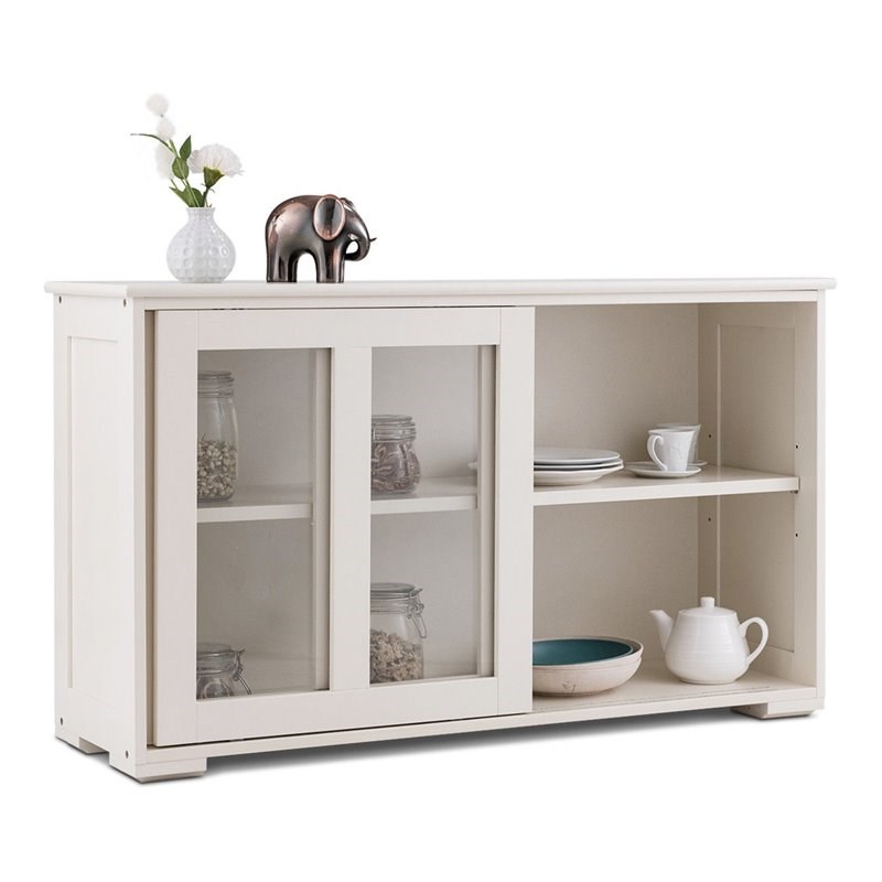 Pemberly Row MDF and Glass Kitchen Storage Cabinet with Sliding Door in White