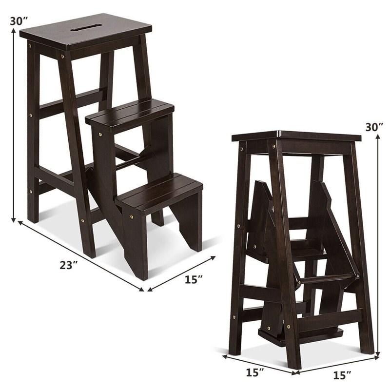 Pemberly Row 3-tier Pine Wood Multi-function Folding Ladder in Coffee