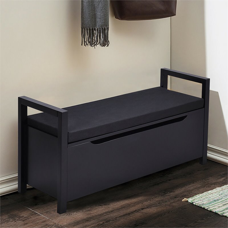 Pemberly Row Contemporary Wood Storage Bench with Removable Cushion in Black