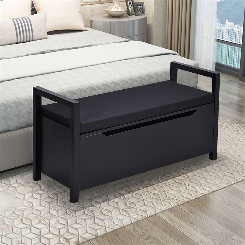 Pemberly Row Contemporary Wood Storage Bench with Removable Cushion in Black