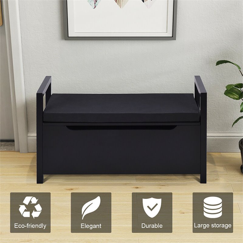 Pemberly Row Contemporary Wood Storage Bench with Removable Cushion in Black