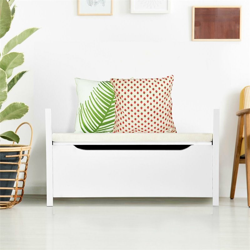 Pemberly Row Contemporary Wood Storage Bench with Removable Cushion in White