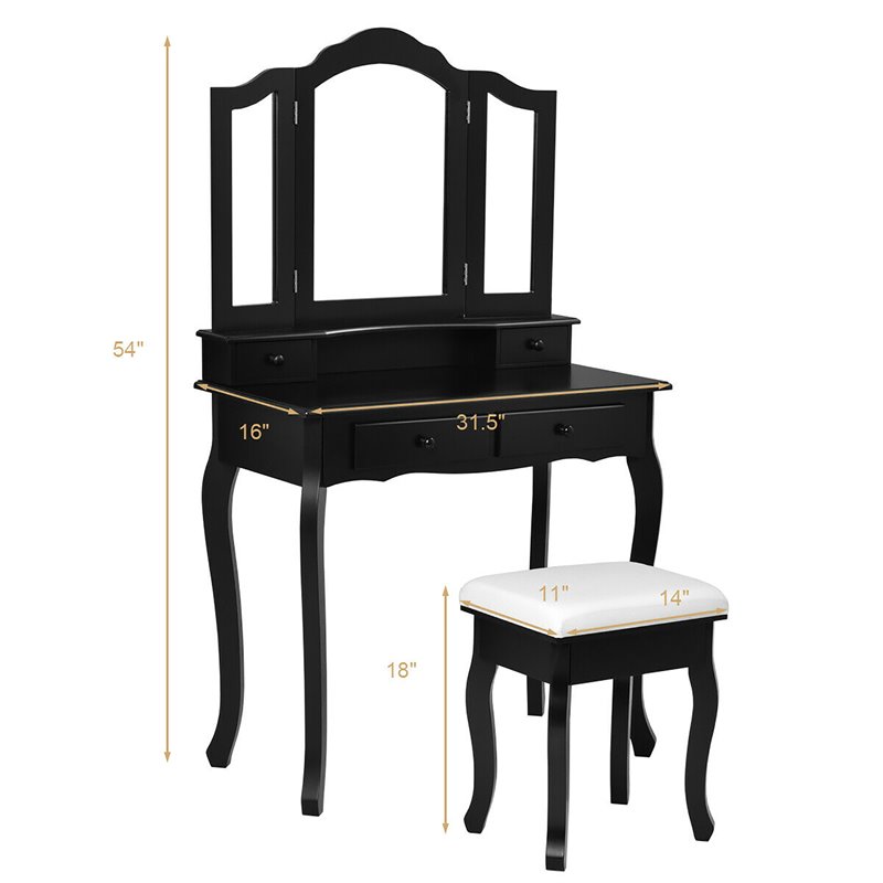 Pemberly Row MDF Makeup Desk Vanity Set with 4 Drawers & Mirror in Black