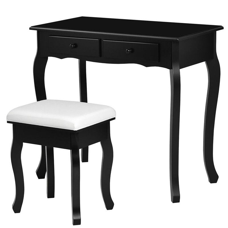 Pemberly Row MDF Makeup Desk Vanity Set with 4 Drawers & Mirror in Black