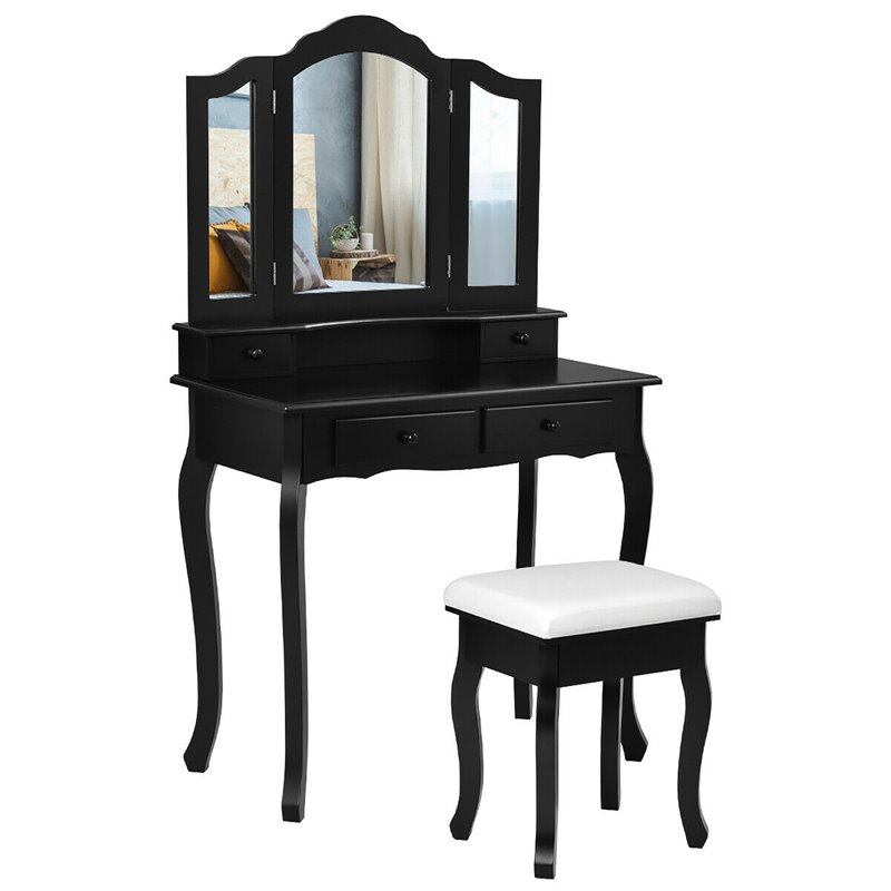 Pemberly Row MDF Makeup Desk Vanity Set with 4 Drawers & Mirror in Black