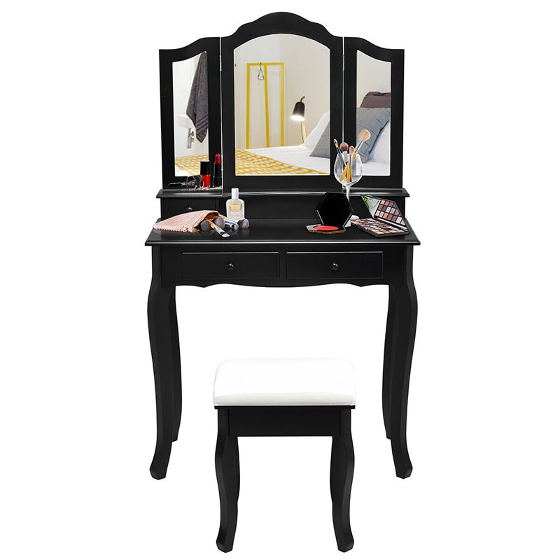 Pemberly Row MDF Makeup Desk Vanity Set with 4 Drawers & Mirror in Black