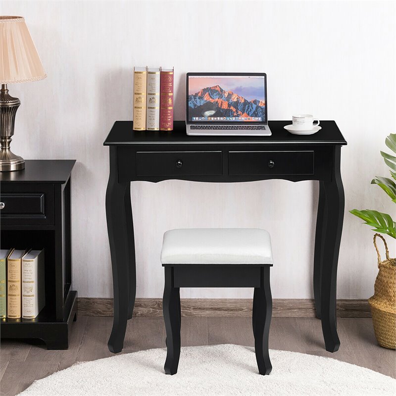 Pemberly Row MDF Makeup Desk Vanity Set with 4 Drawers & Mirror in Black