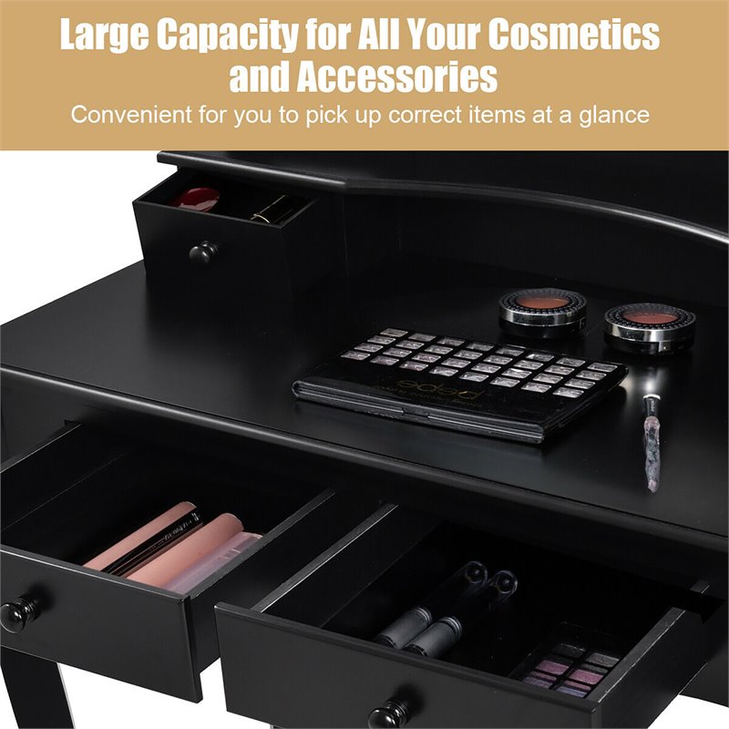 Pemberly Row MDF Makeup Desk Vanity Set with 4 Drawers & Mirror in Black