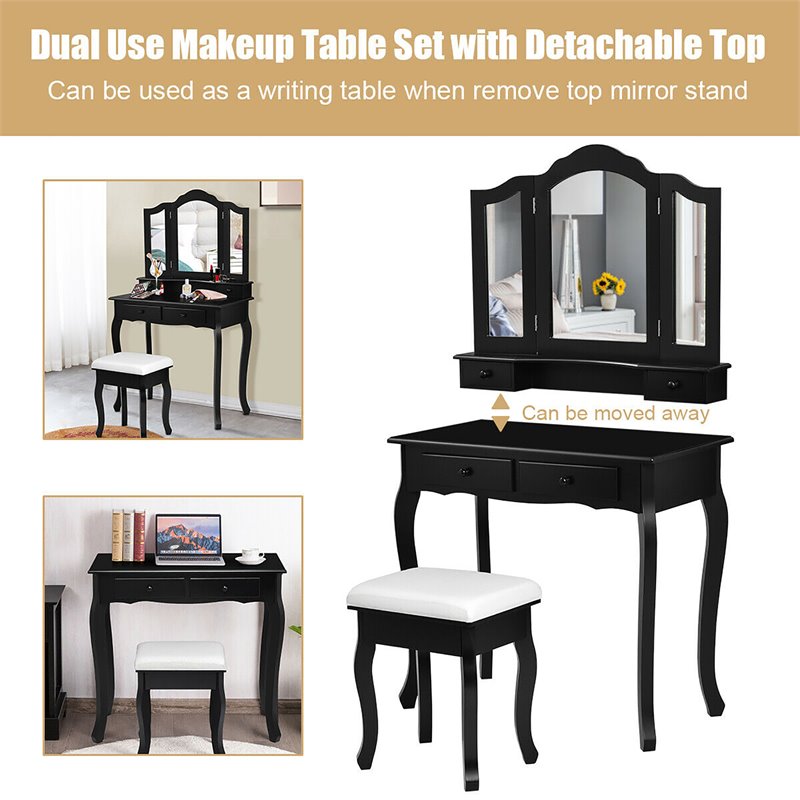 Pemberly Row MDF Makeup Desk Vanity Set with 4 Drawers & Mirror in Black