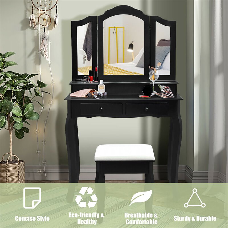 Pemberly Row MDF Makeup Desk Vanity Set with 4 Drawers & Mirror in Black