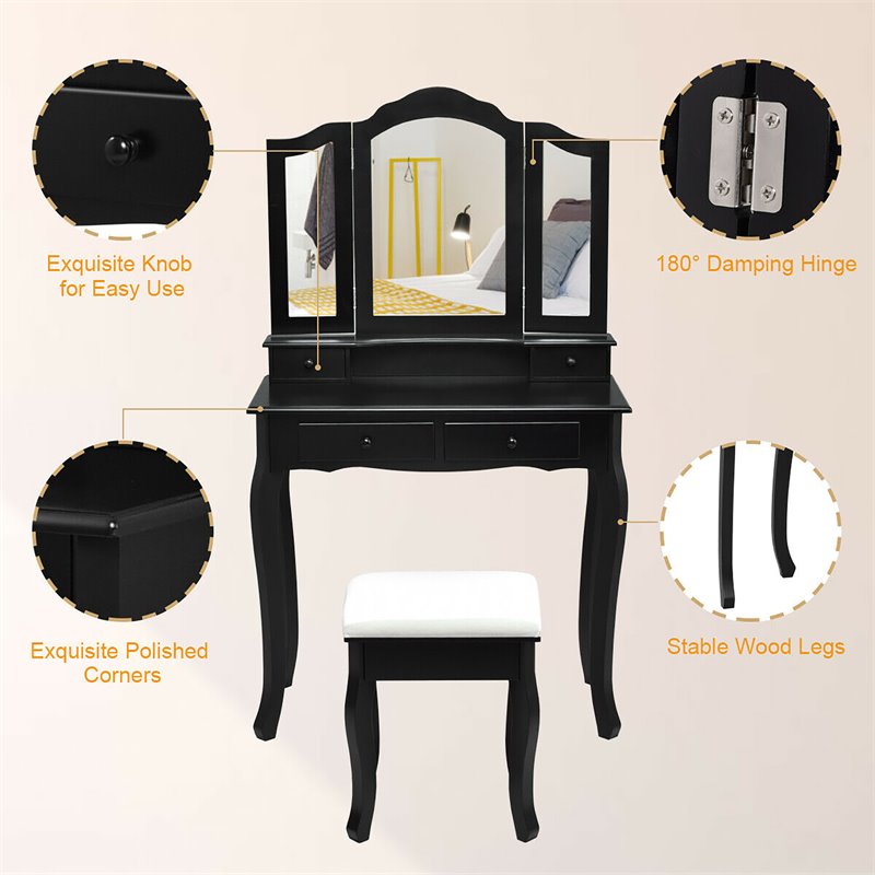 Pemberly Row MDF Makeup Desk Vanity Set with 4 Drawers & Mirror in Black