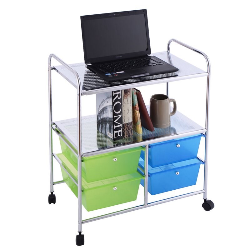 Pemberly Row 4-drawer Steel Rolling Storage Cart w/ 2-tier Shelf in Green & Blue