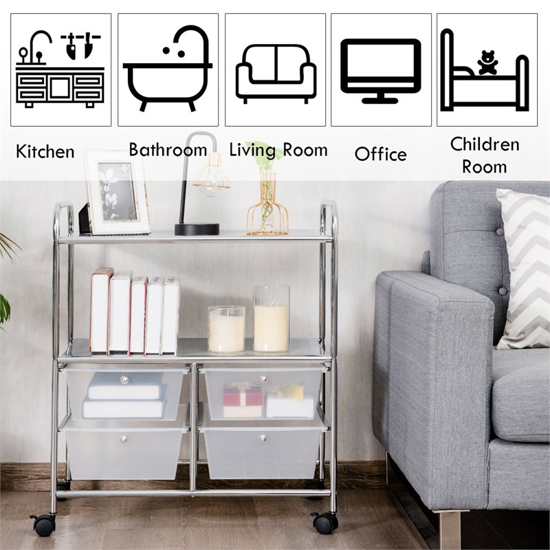 Pemberly Row 4-drawer PP and Steel Rolling Storage Cart in White/Black