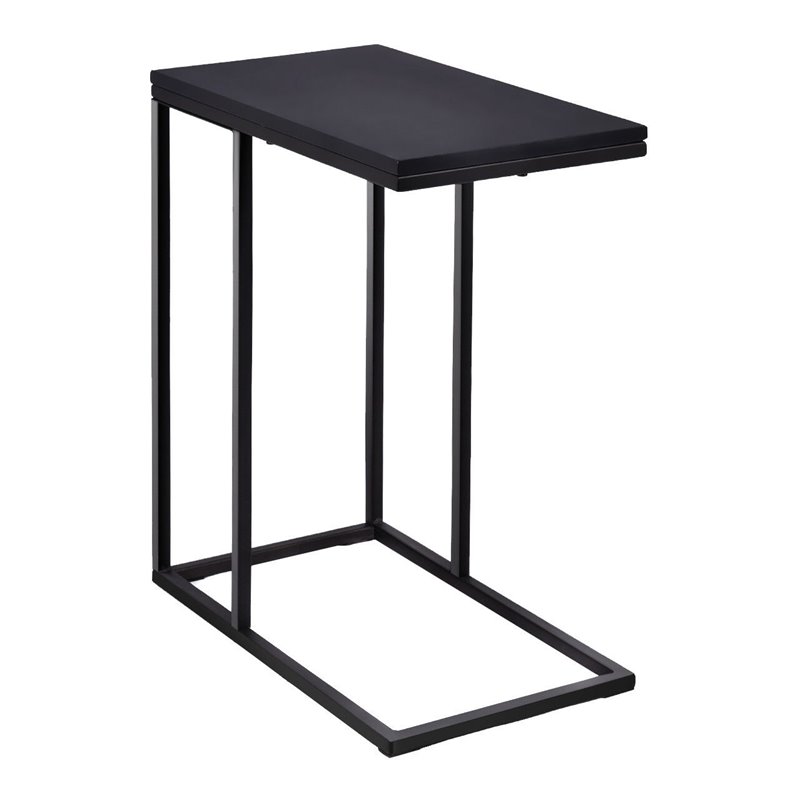 Pemberly Row C-shaped Coffee Tray Side Sofa End Table w/ Glass Top in Black