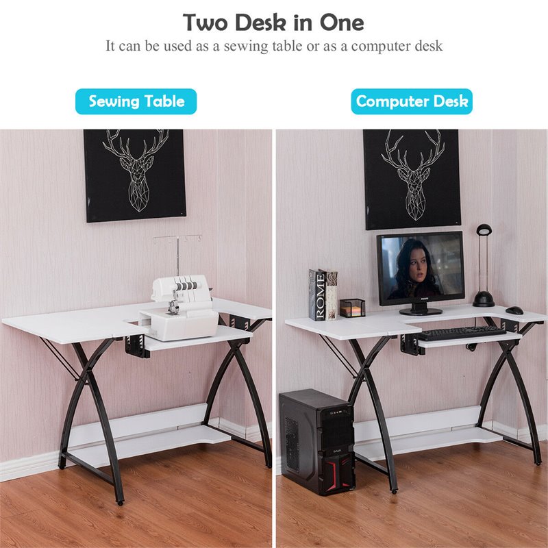 Pemberly Row MDF and PVC Folding Sewing Table with Adjustable Platform in White