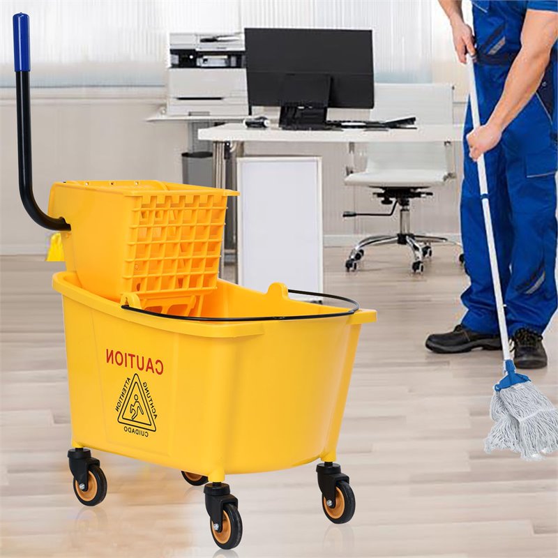 Pemberly Row 35-quart Plastic Side Press Wringer Mop Bucket in Yellow