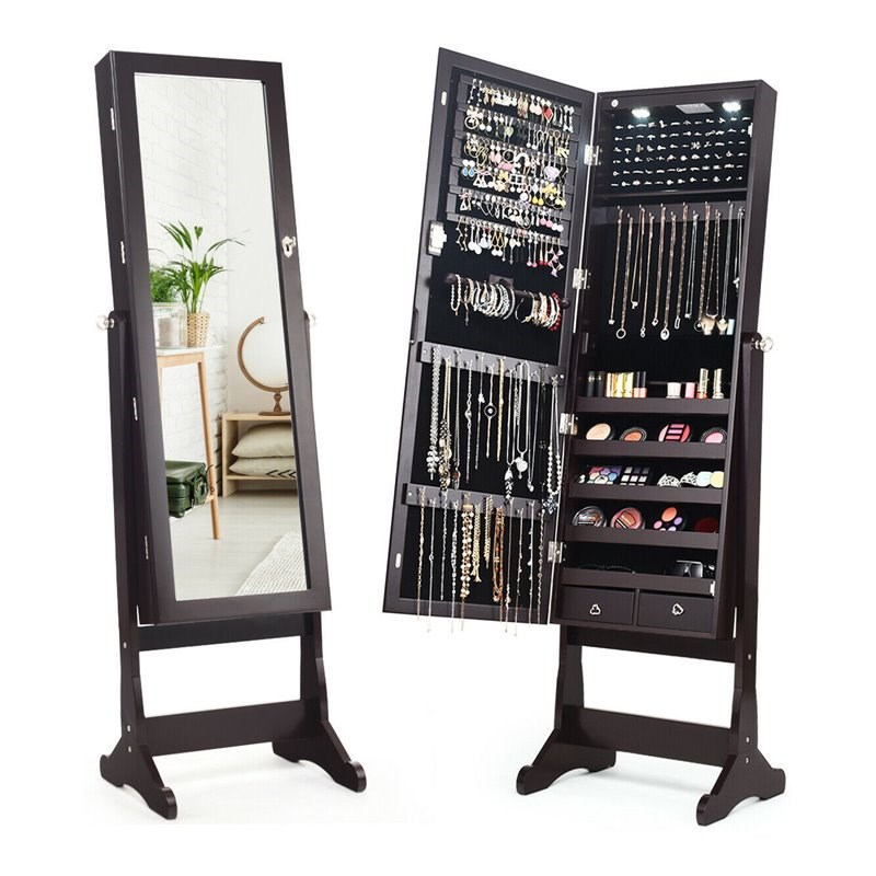 Pemberly Row Contemporary MDF Jewelry Cabinet with LED Lights in Brown