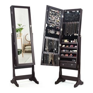 Pemberly Row Contemporary MDF Jewelry Cabinet with LED Lights in Brown