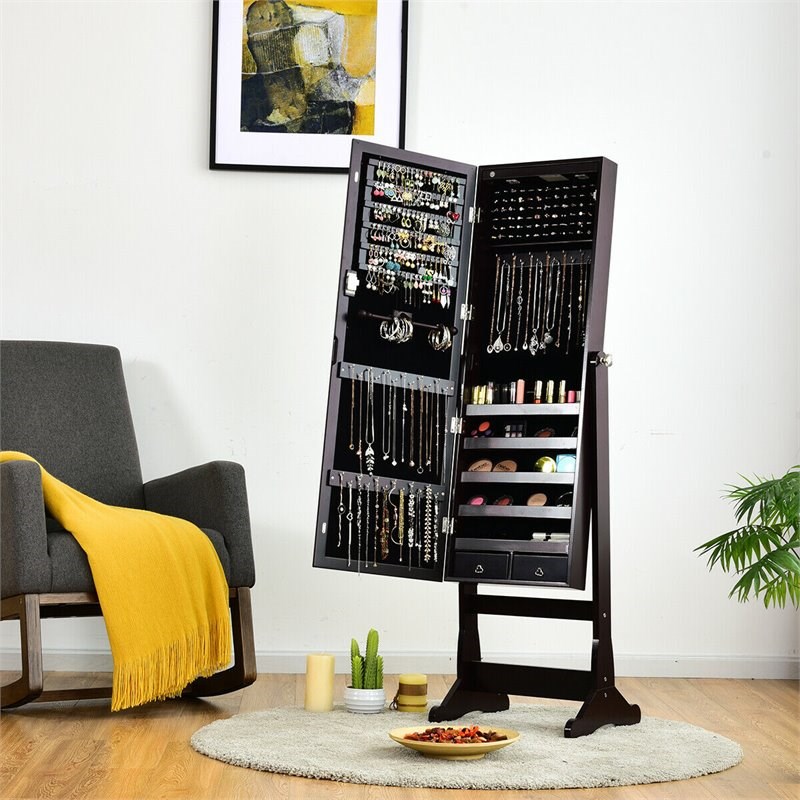 Pemberly Row Contemporary MDF Jewelry Cabinet with LED Lights in Brown