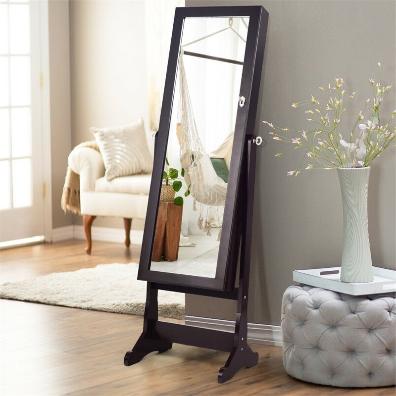 Pemberly Row Contemporary MDF Jewelry Cabinet with LED Lights in Brown