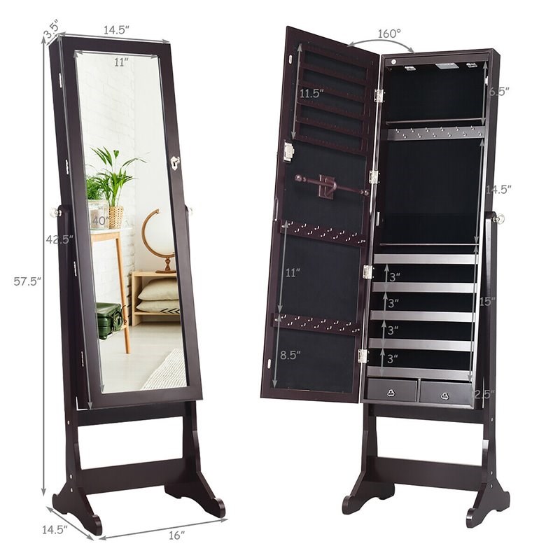 Pemberly Row Contemporary MDF Jewelry Cabinet with LED Lights in Brown