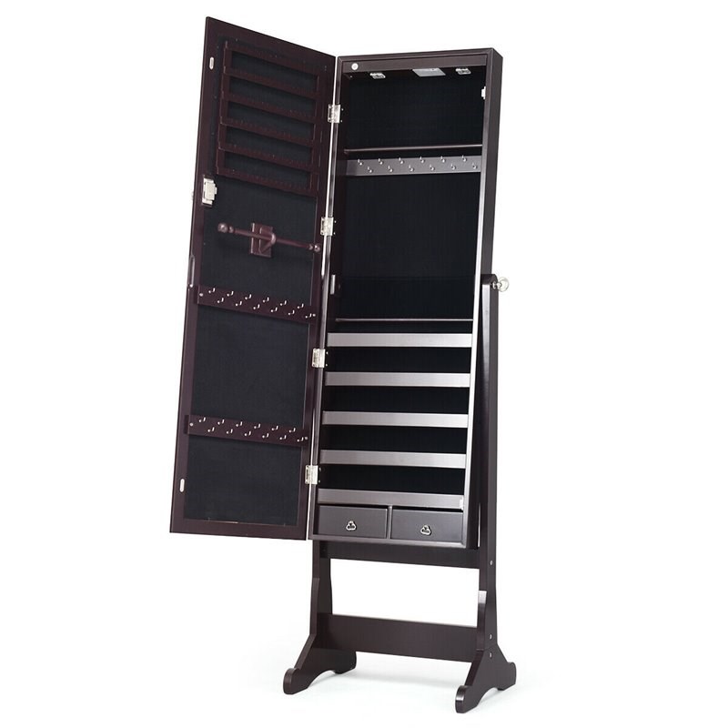 Pemberly Row Contemporary MDF Jewelry Cabinet with LED Lights in Brown