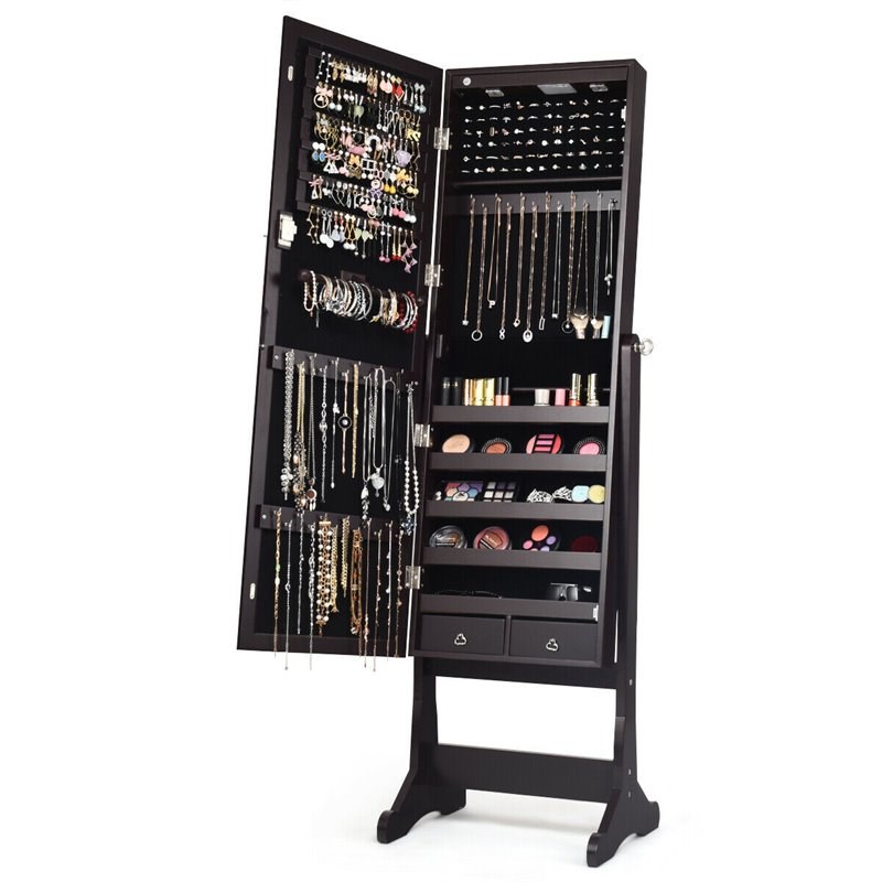 Pemberly Row Contemporary MDF Jewelry Cabinet with LED Lights in Brown