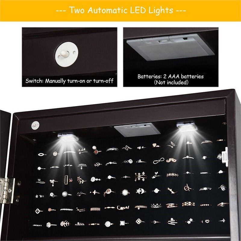 Pemberly Row Contemporary MDF Jewelry Cabinet with LED Lights in Brown
