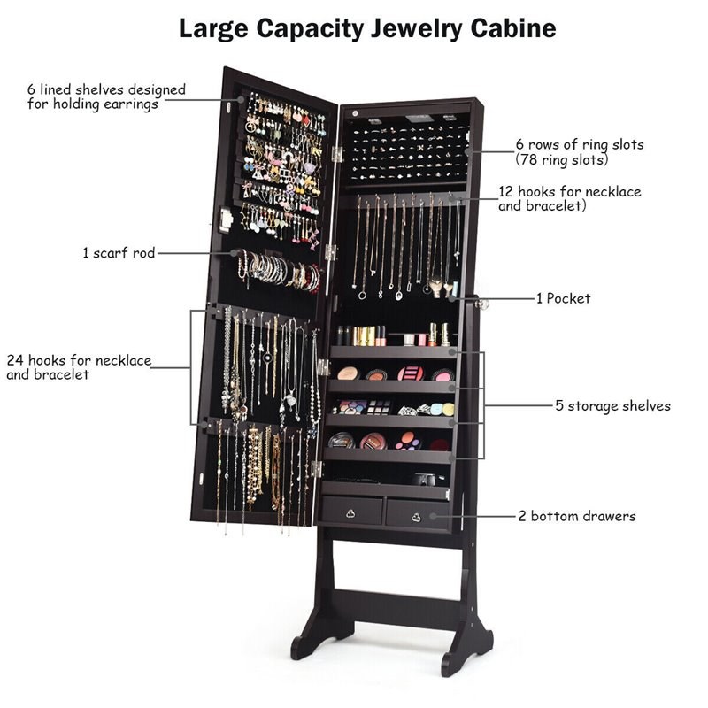 Pemberly Row Contemporary MDF Jewelry Cabinet with LED Lights in Brown
