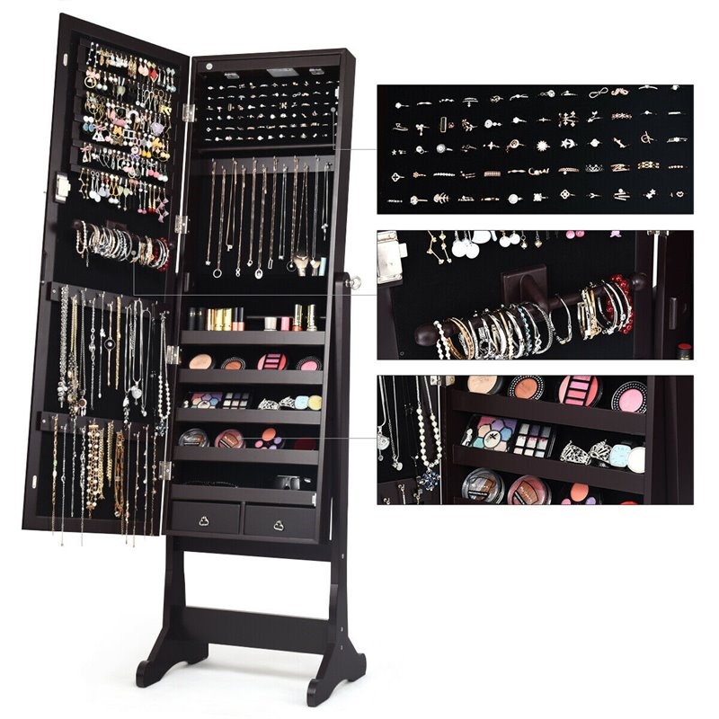Pemberly Row Contemporary MDF Jewelry Cabinet with LED Lights in Brown