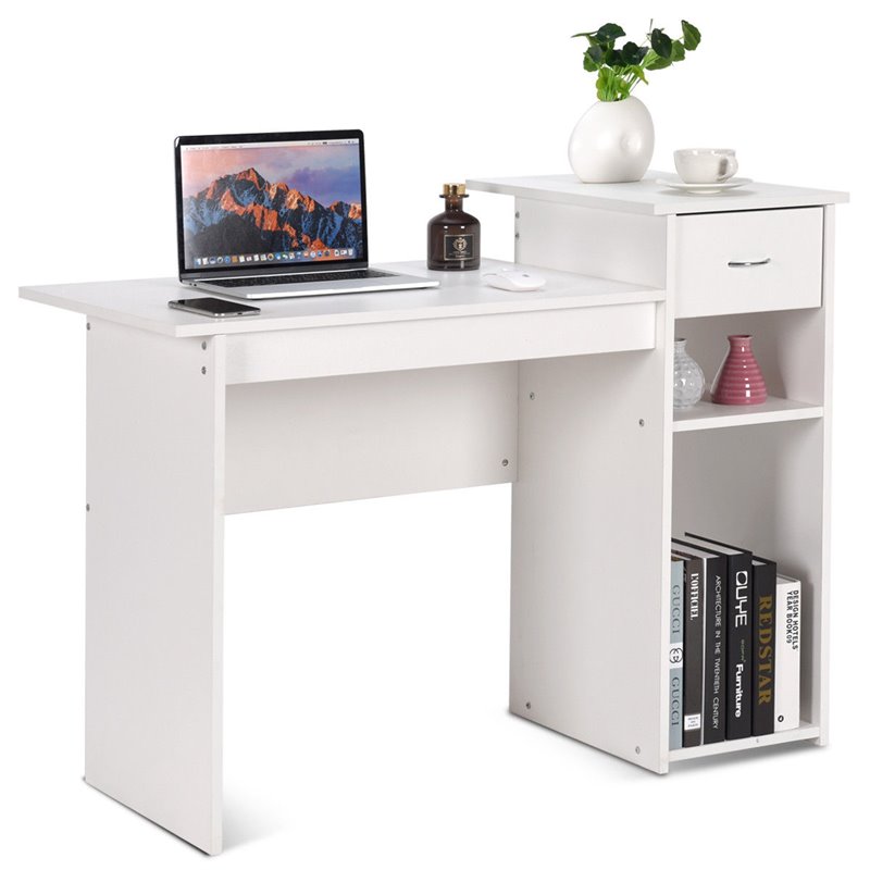 Pemberly Row Particle Board Computer Desk w/ 2 Open Shelves in White