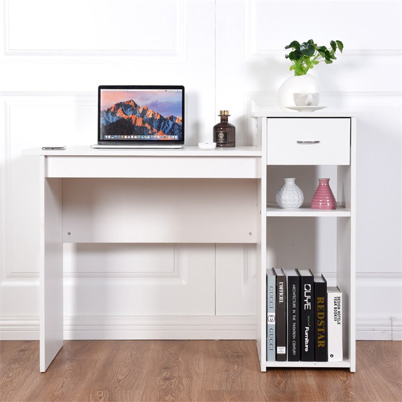 Pemberly Row Particle Board Computer Desk w/ 2 Open Shelves in White
