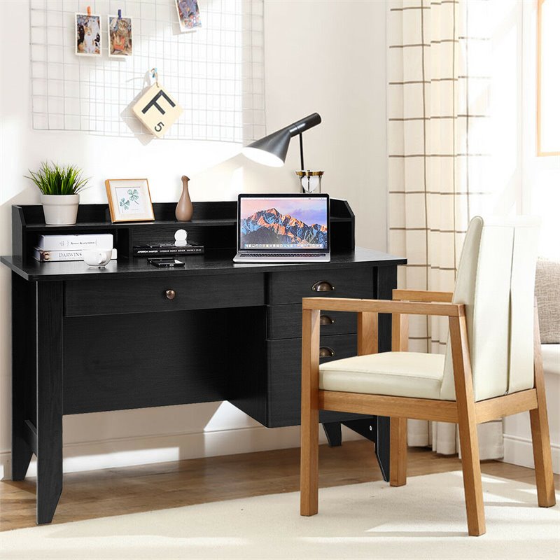 Pemberly Row Contemporary MDF Computer Desk with 3 Side Drawers in Black Finish