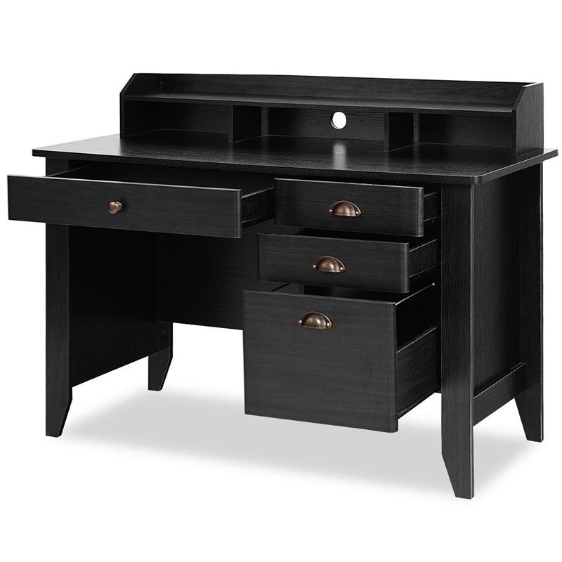 Pemberly Row Contemporary MDF Computer Desk with 3 Side Drawers in Black Finish