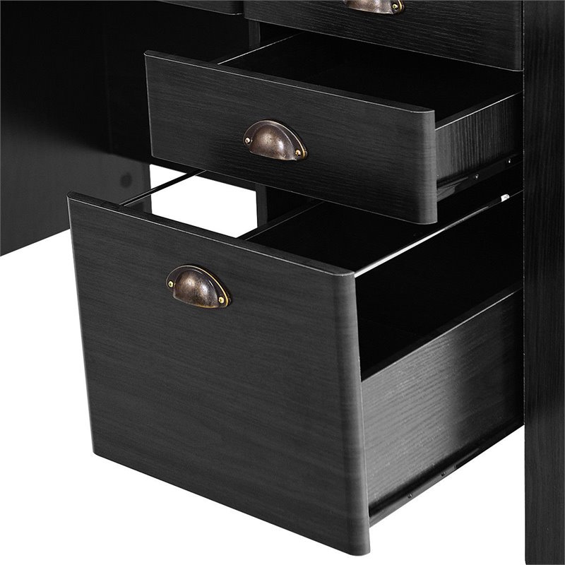 Pemberly Row Contemporary MDF Computer Desk with 3 Side Drawers in Black Finish