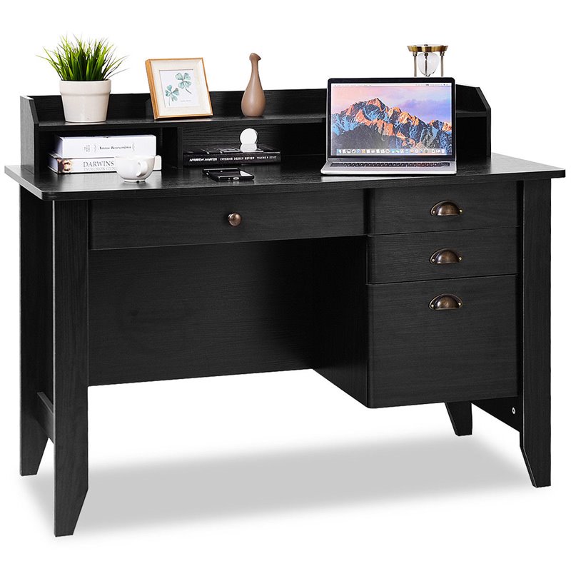 Pemberly Row Contemporary MDF Computer Desk with 3 Side Drawers in Black Finish